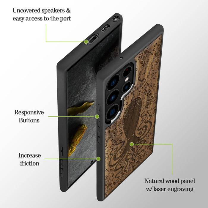 The Floral Octopus, Classic Engraved Wood & TPU Case - Artisanal Cover for Samsung Galaxy