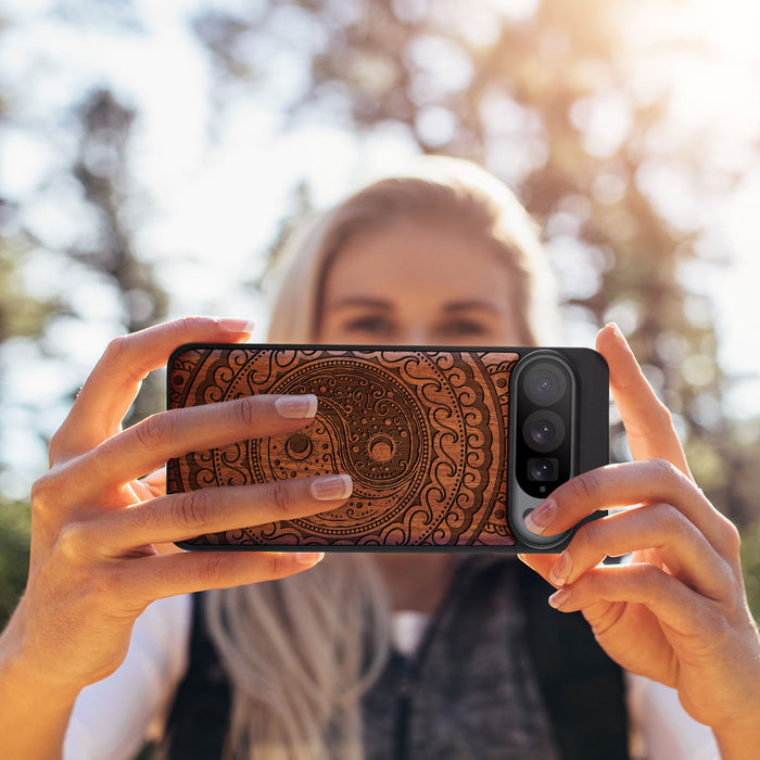 The Yin Yang Paisley, Classic Engraved Wood & TPU Case - Artisanal Cover for Google Pixel