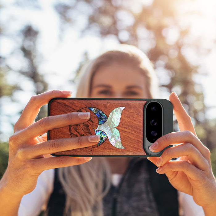 The Whale's Tail, Hand-Inlaid Wood & Mother of Pearl Case - Artisanal Cover for Google Pixel