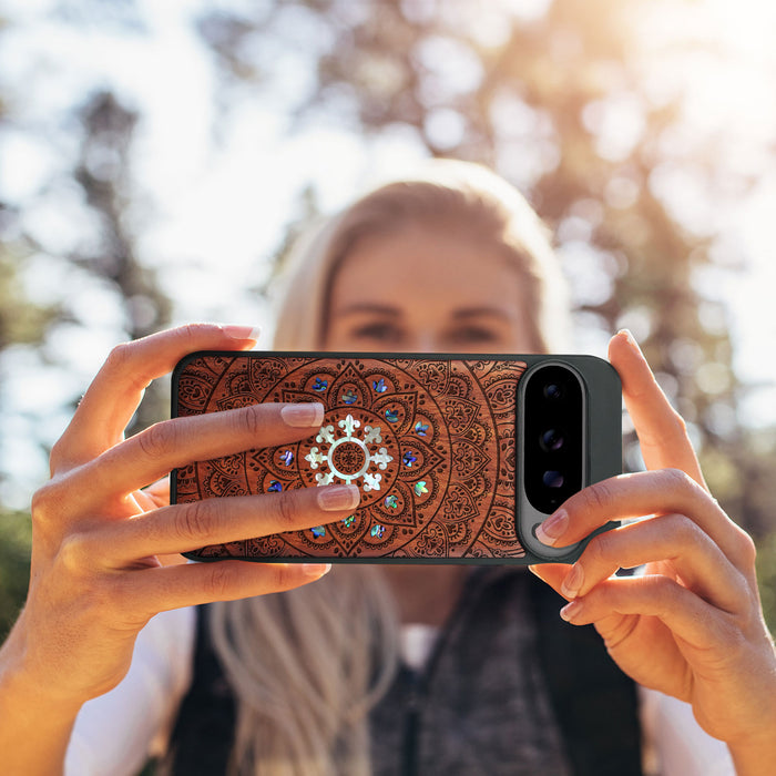 The Indian Mandala, Hand-Inlaid Wood & Mother of Pearl Case - Artisanal Cover for Google Pixel