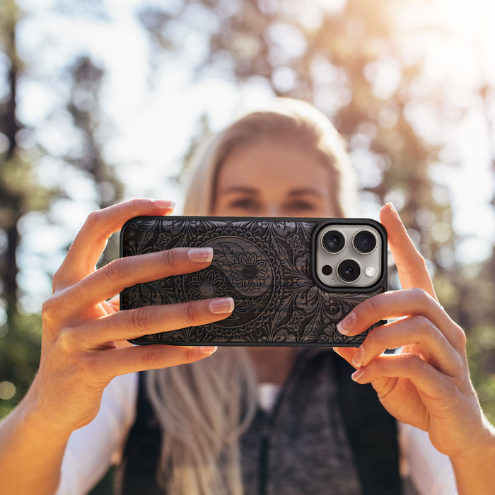 The Yin Yang Mandala, Classic Engraved Wood & TPU Case - Artisanal Cover for Apple iPhone