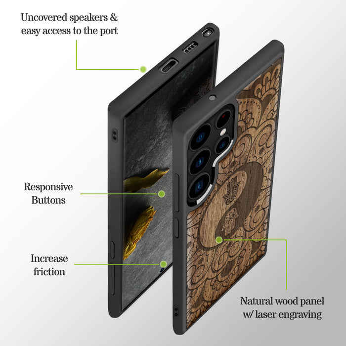 The Hamsa Yin-Yang Mandala, Classic Engraved Wood & TPU Case - Artisanal Cover for Samsung Galaxy