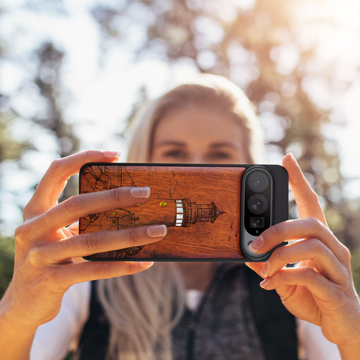 The Lighthouse, Hand-Inlaid Wood & Mother of Pearl Case - Artisanal Cover for Google Pixel