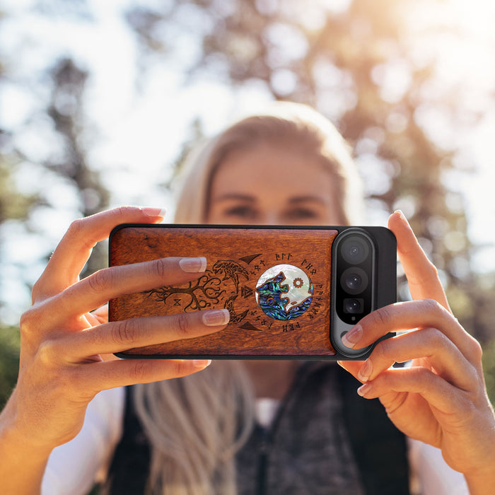 Vegvísir, Ravens, and Yggdrasil, Hand-Inlaid Wood & Mother of Pearl Case - Artisanal Cover for Google Pixel