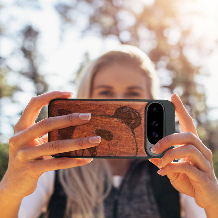 Panda Serenity, Classic Engraved Wood & TPU Case - Artisanal Cover for Google Pixel
