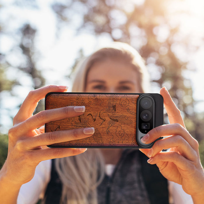 Auspicious Cranes and Clouds, Classic Engraved Wood & TPU Case - Artisanal Cover for Google Pixel