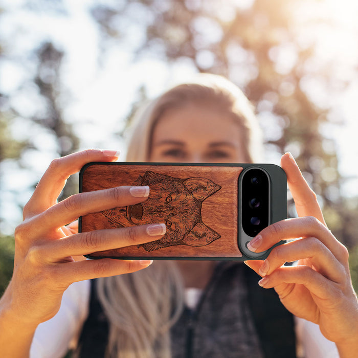 Realistic Wolf Linework Art, Classic Engraved Wood & TPU Case - Artisanal Cover for Google Pixel