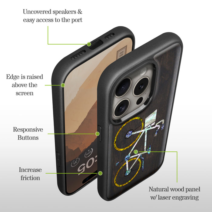 Classic Bicycle Silhouette, Hand-Inlaid Wood & Mother of Pearl Case - Artisanal Cover for Apple iPhone