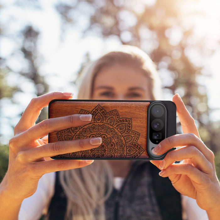 The Half Mandala Lace Pattern, Classic Engraved Wood & TPU Case - Artisanal Cover for Google Pixel