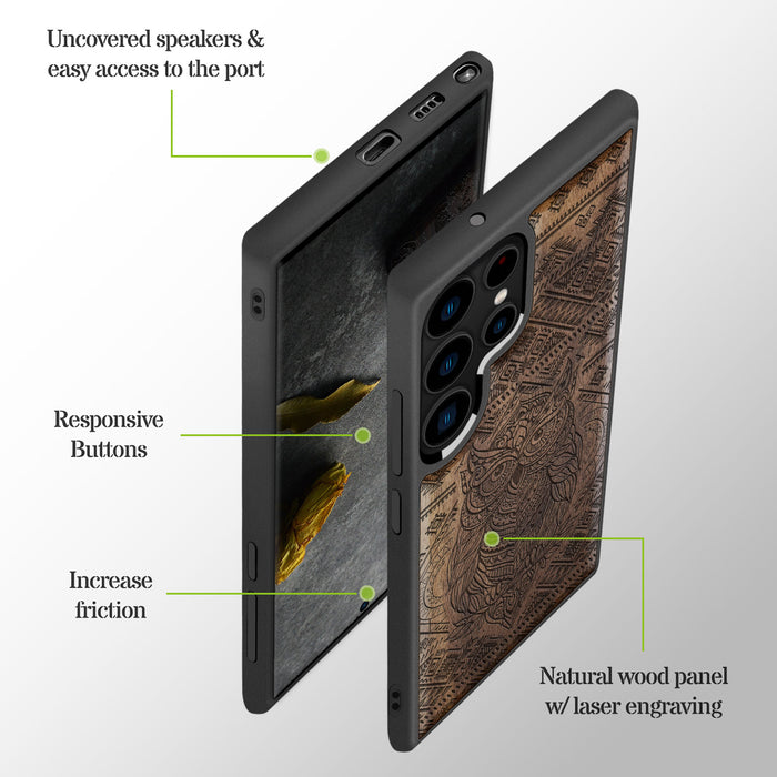 The Owl Mandala, Classic Engraved Wood & TPU Case - Artisanal Cover for Samsung Galaxy