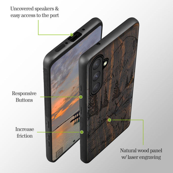 An Enthralling Natural Landscape Illustration, Classic Engraved Wood & TPU Case - Artisanal Cover for Samsung Galaxy