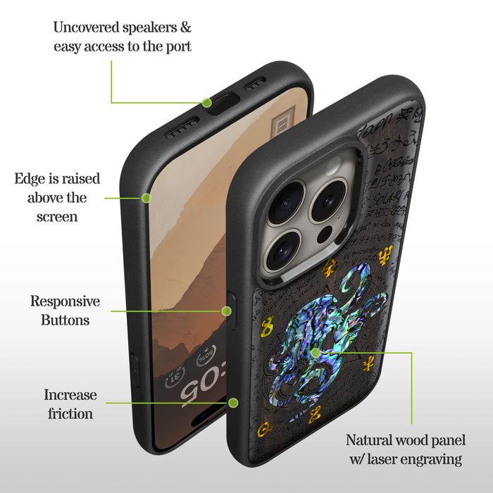 Octopus and Octagonal Star, Hand-Inlaid Wood & Mother of Pearl Case - Artisanal Cover for Apple iPhone