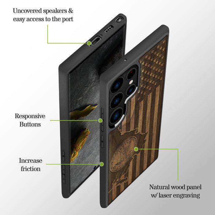 Virginia and Star Flag, Classic Engraved Wood & TPU Case - Artisanal Cover for Samsung Galaxy