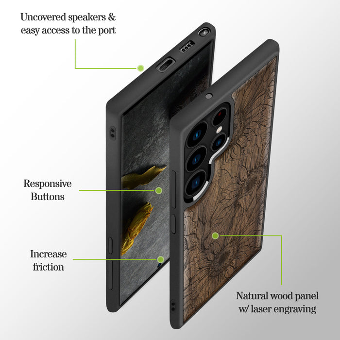 The Helianthus Sketch, Classic Engraved Wood & TPU Case - Artisanal Cover for Samsung Galaxy