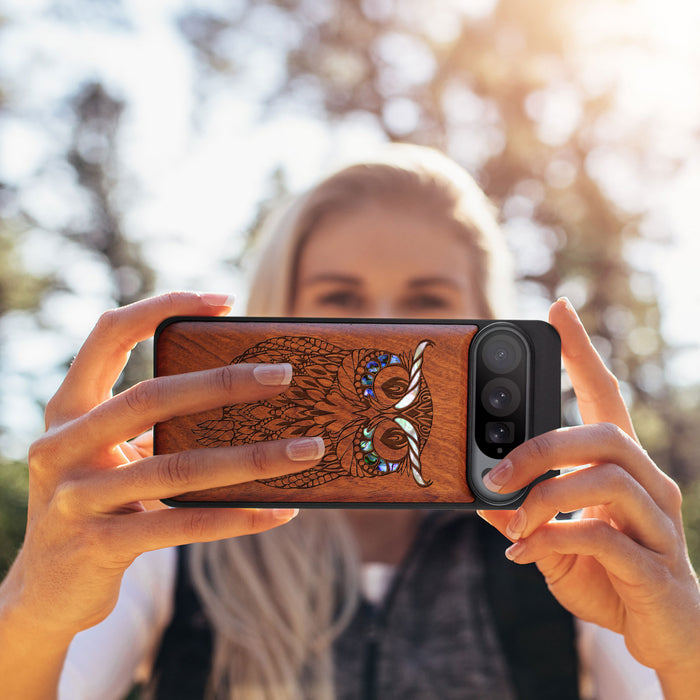 The Owl Mandala, Hand-Inlaid Wood & Mother of Pearl Case - Artisanal Cover for Google Pixel