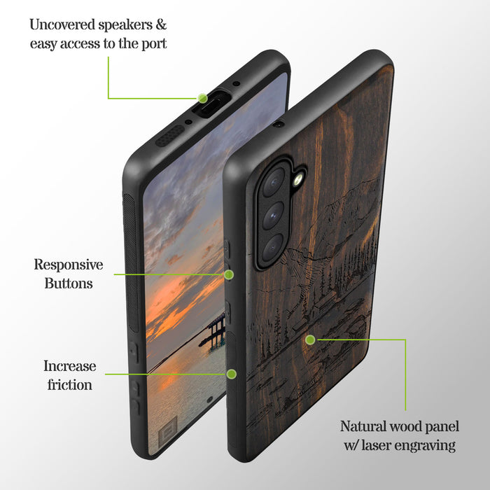 Mountains, Lake, and Village Life, Classic Engraved Wood & TPU Case - Artisanal Cover for Samsung Galaxy