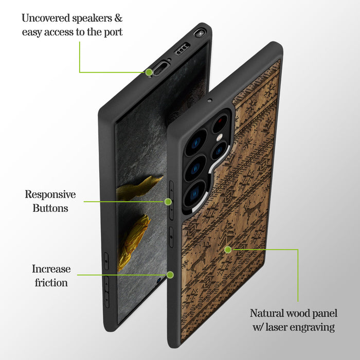 Deer, Snowflake, and Tree, Classic Engraved Wood & TPU Case - Artisanal Cover for Samsung Galaxy