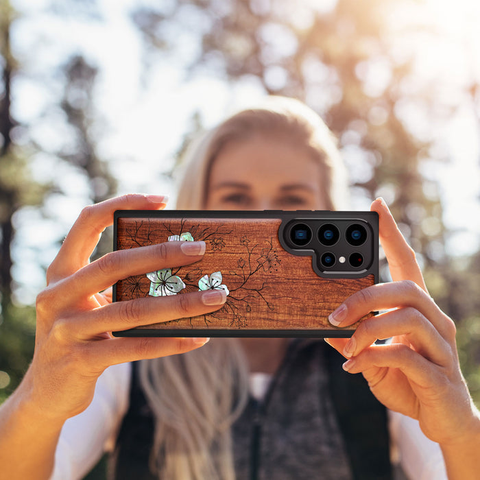 Whispering Sakura Blooms, Hand-Inlaid Wood & Mother of Pearl Case - Artisanal Cover for Samsung Galaxy