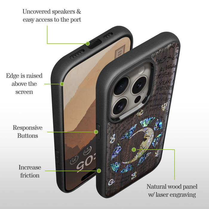 A Manuscript Enigma, Hand-Inlaid Wood & Mother of Pearl Case - Artisanal Cover for Apple iPhone