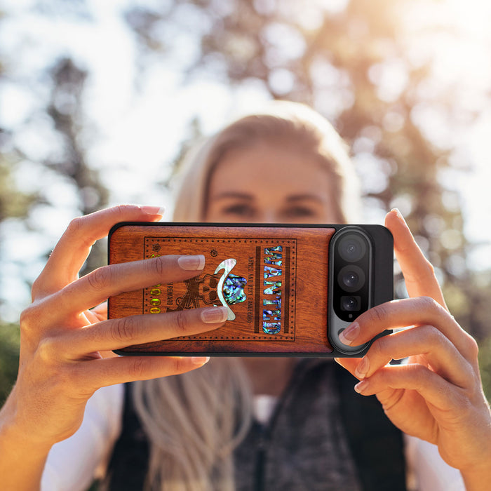 Outlaw Skull Wanted, Hand-Inlaid Wood & Mother of Pearl Case - Artisanal Cover for Google Pixel