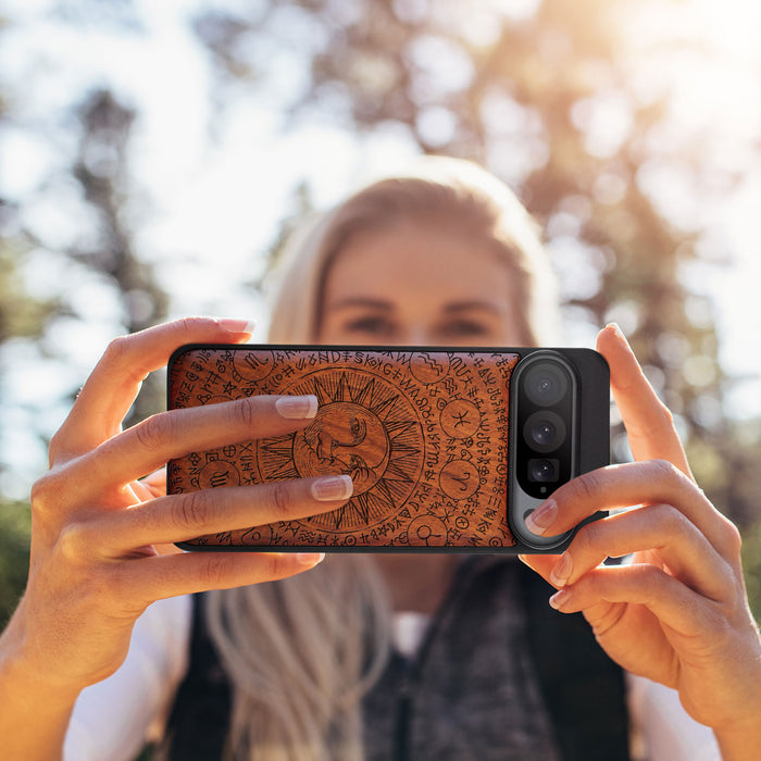 Sun and Moon God Illumination, Classic Engraved Wood & TPU Case - Artisanal Cover for Google Pixel