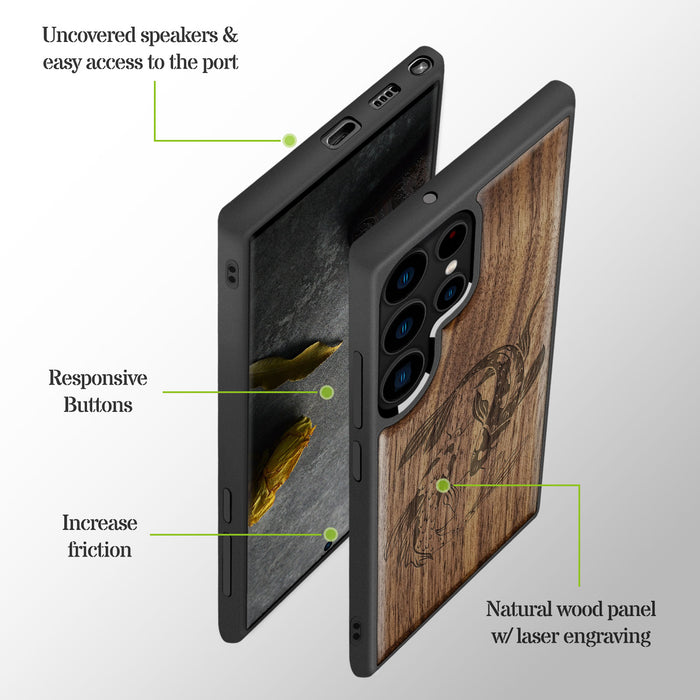 Yin-Yang Koi, Classic Engraved Wood & TPU Case - Artisanal Cover for Samsung Galaxy