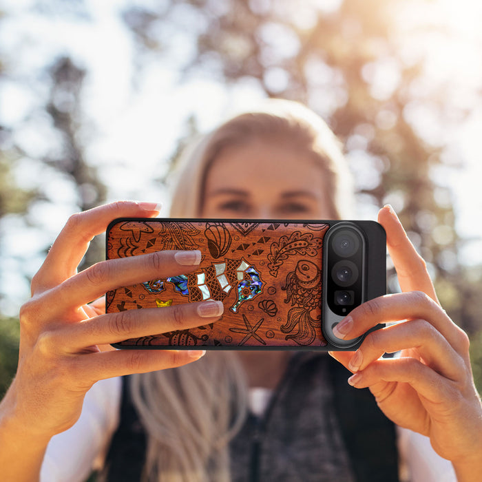 An Aquatic Symphony, Hand-Inlaid Wood & Mother of Pearl Case - Artisanal Cover for Google Pixel