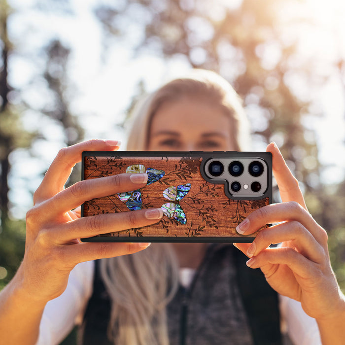 A Dance of Nature, Hand-Inlaid Wood & Mother of Pearl Case - Artisanal Cover for Samsung Galaxy