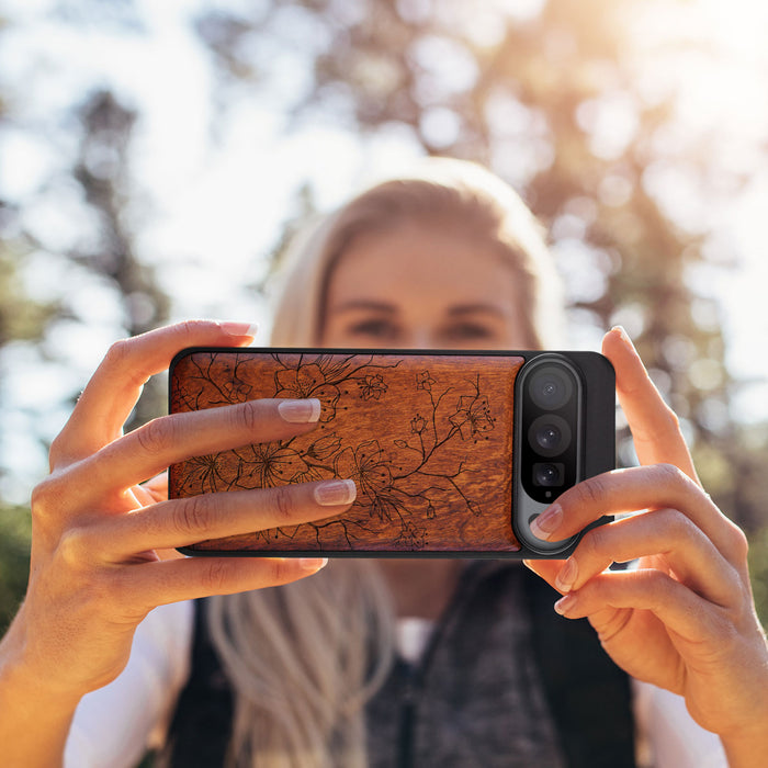 Sakura Sketch, Classic Engraved Wood & TPU Case - Artisanal Cover for Google Pixel