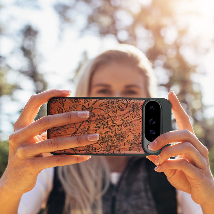Vintage Fantasy Flowers, Classic Engraved Wood & TPU Case - Artisanal Cover for Google Pixel