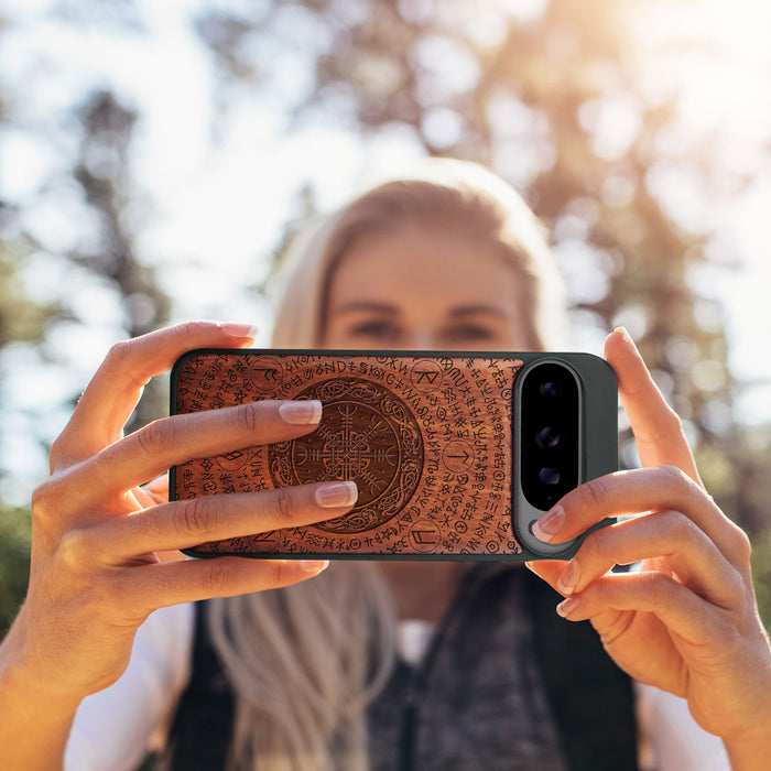 The Shield of Dragons and Awe, Classic Engraved Wood & TPU Case - Artisanal Cover for Google Pixel