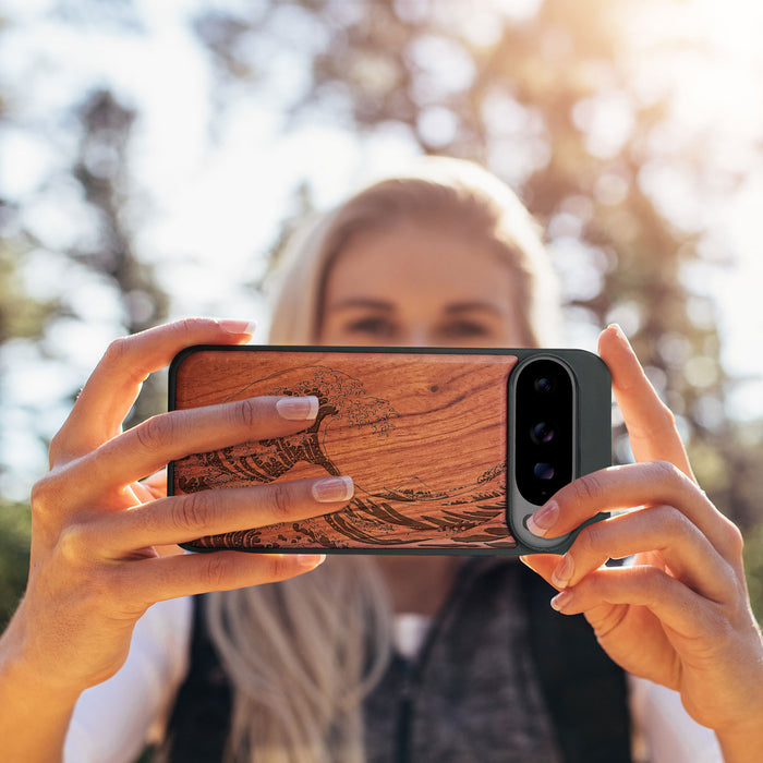 Wave Reimagined, Classic Engraved Wood & TPU Case - Artisanal Cover for Google Pixel
