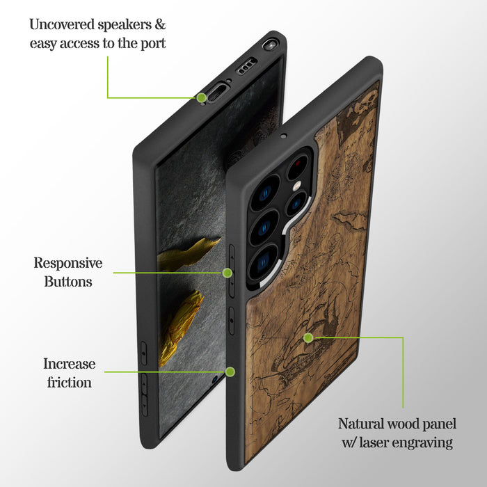 Voyage of Legends, Classic Engraved Wood & TPU Case - Artisanal Cover for Samsung Galaxy