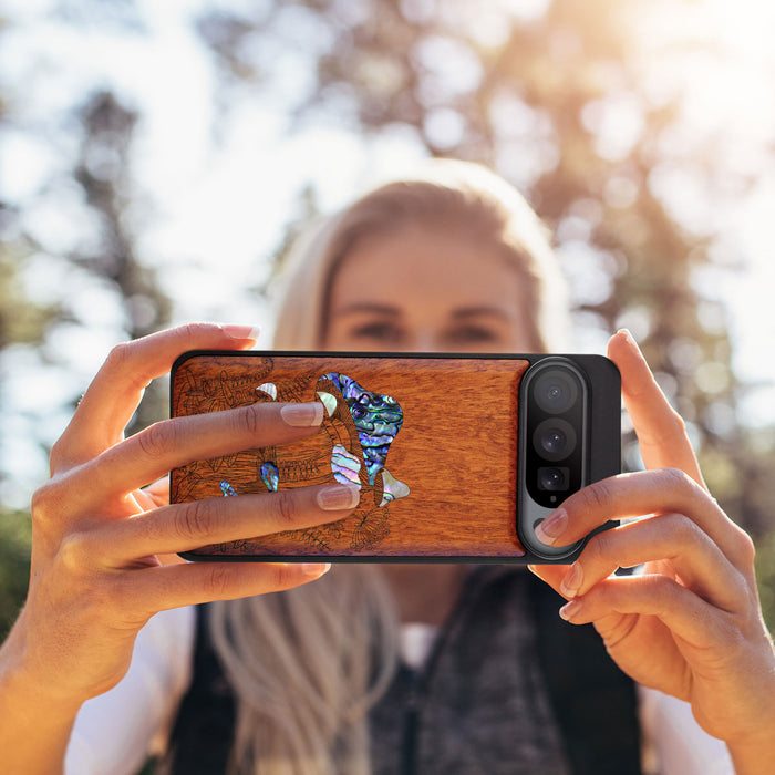 The Enchanting World of Mushrooms and Wildflowers, Hand-Inlaid Wood & Mother of Pearl Case - Artisanal Cover for Google Pixel