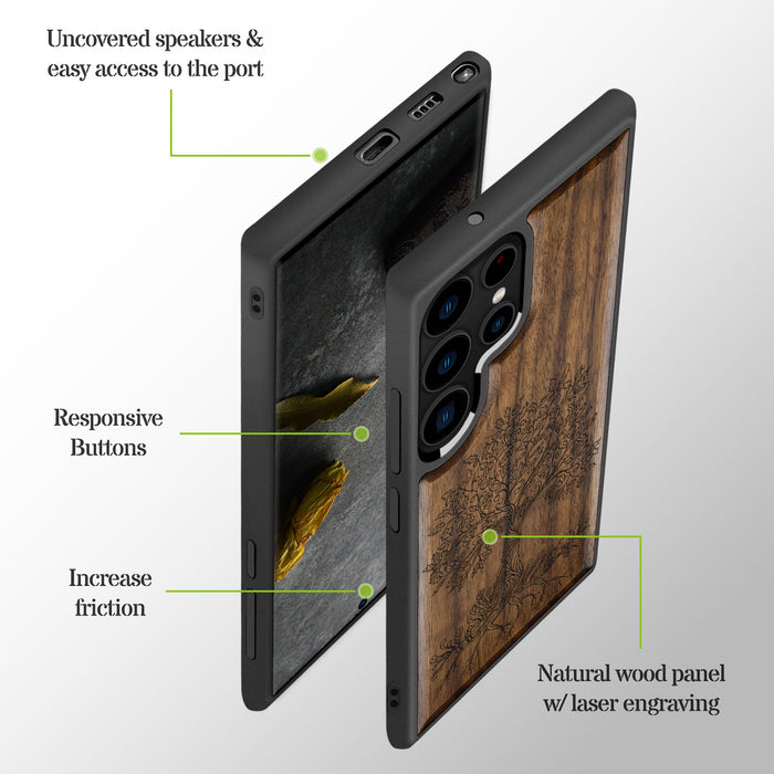 The Fairy Tree Line Art, Classic Engraved Wood & TPU Case - Artisanal Cover for Samsung Galaxy