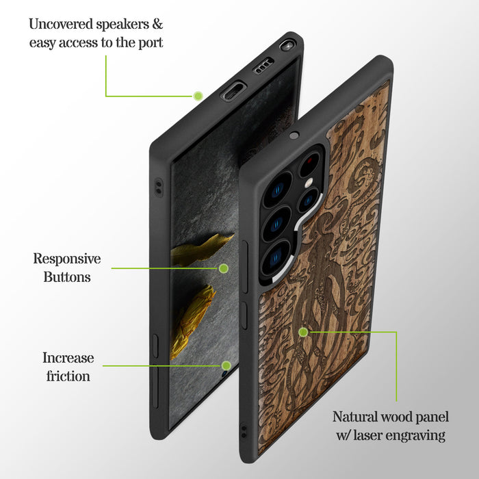 The Octopus's Nocturne, Classic Engraved Wood & TPU Case - Artisanal Cover for Samsung Galaxy