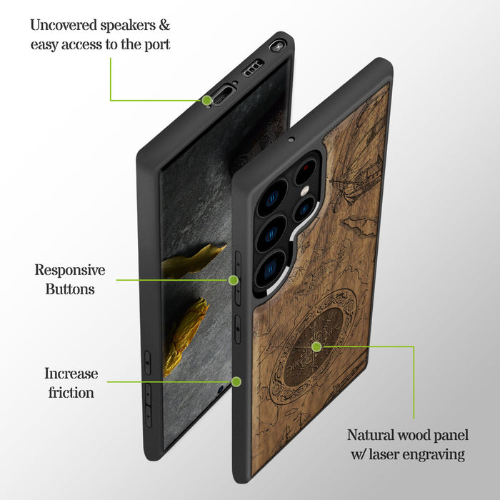 Viking Shield Amidst Maritime Treasures, Classic Engraved Wood & TPU Case - Artisanal Cover for Samsung Galaxy