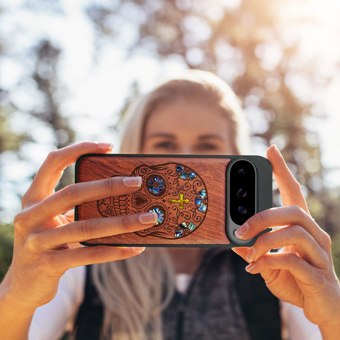 The Dia de los Muertos Sugar Skull, Hand-Inlaid Wood & Mother of Pearl Case - Artisanal Cover for Google Pixel