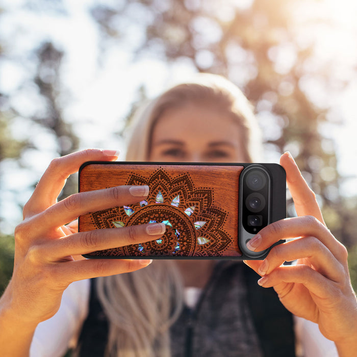 The Half Mandala Lace Art, Hand-Inlaid Wood & Mother of Pearl Case - Artisanal Cover for Google Pixel