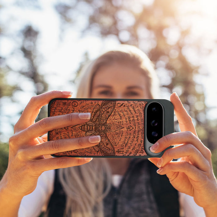 The Death Moth and Octagonal Star, Classic Engraved Wood & TPU Case - Artisanal Cover for Google Pixel