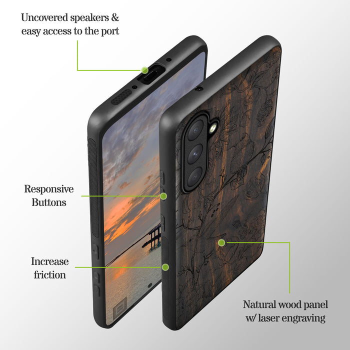 A Dance of Flora and Avian, Classic Engraved Wood & TPU Case - Artisanal Cover for Samsung Galaxy