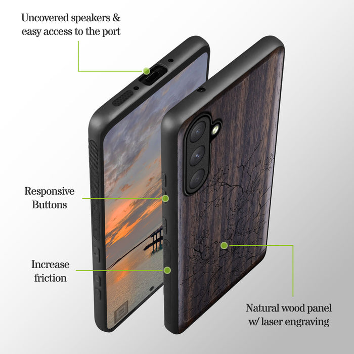 Sakura Sketch, Classic Engraved Wood & TPU Case - Artisanal Cover for Samsung Galaxy