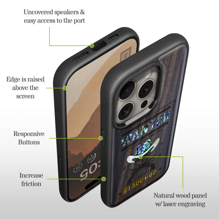 Outlaw Skull Wanted, Hand-Inlaid Wood & Mother of Pearl Case - Artisanal Cover for Apple iPhone