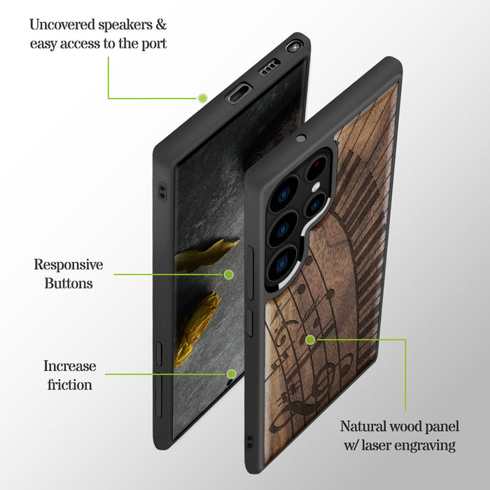 Keys and Notes, Classic Engraved Wood & TPU Case - Artisanal Cover for Samsung Galaxy