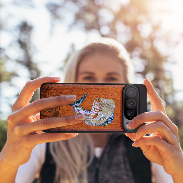 The Majestic Mahi-Mahi, Hand-Inlaid Wood & Mother of Pearl Case - Artisanal Cover for Google Pixel