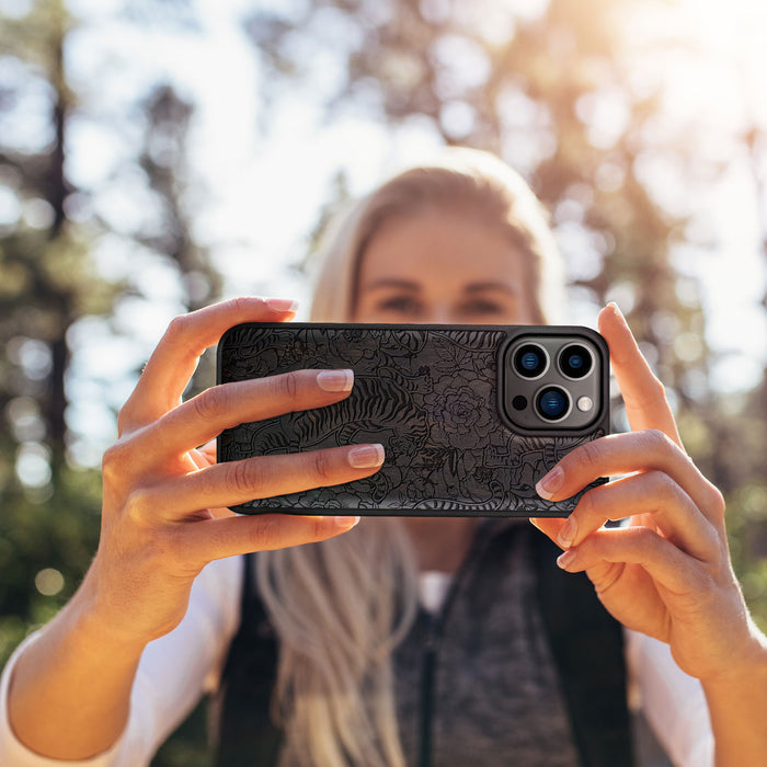 A Tiger Amidst Flowers and Vines, Classic Engraved Wood & TPU Case - Artisanal Cover for Apple iPhone