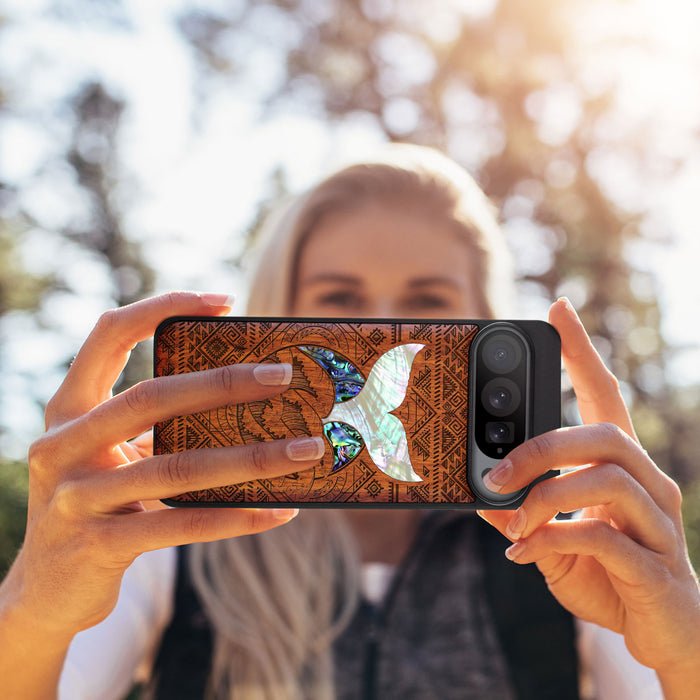 The Whale's Song Amidst Aztec Waves, Hand-Inlaid Wood & Mother of Pearl Case - Artisanal Cover for Google Pixel