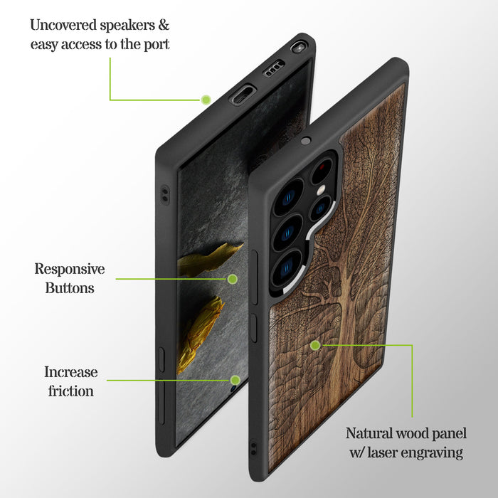 The Lino Print Tree, Classic Engraved Wood & TPU Case - Artisanal Cover for Samsung Galaxy