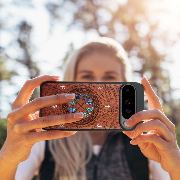 The Shield of Dragons and Awe, Hand-Inlaid Wood & Mother of Pearl Case - Artisanal Cover for Google Pixel