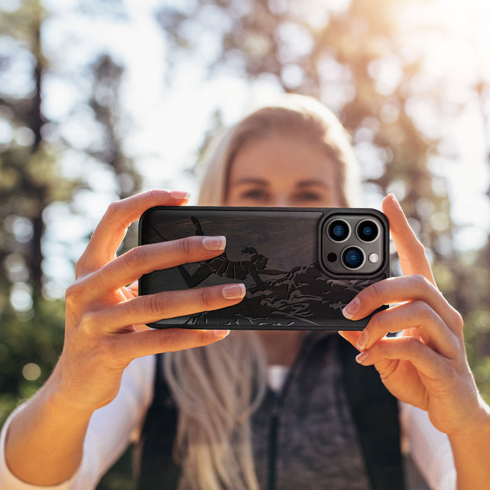 Woman Ascending the Cliff, Classic Engraved Wood & TPU Case - Artisanal Cover for Apple iPhone